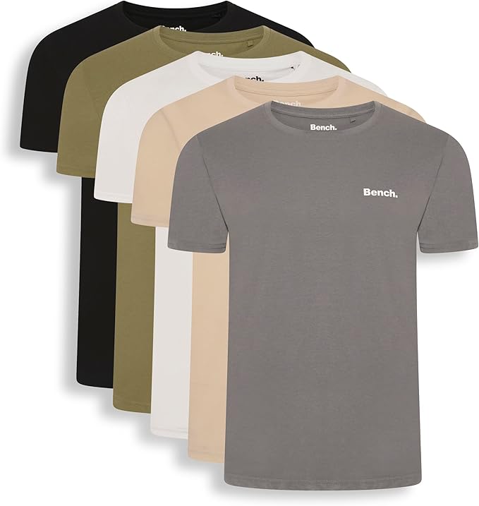 Bench Men's Envoy Everyday T-Shirt Multipack, Assorted Plain Colours, 100% Cotton, 5 Pack, Crew Neck Classic Fit Short Sleeve Tee, Everyday Men'